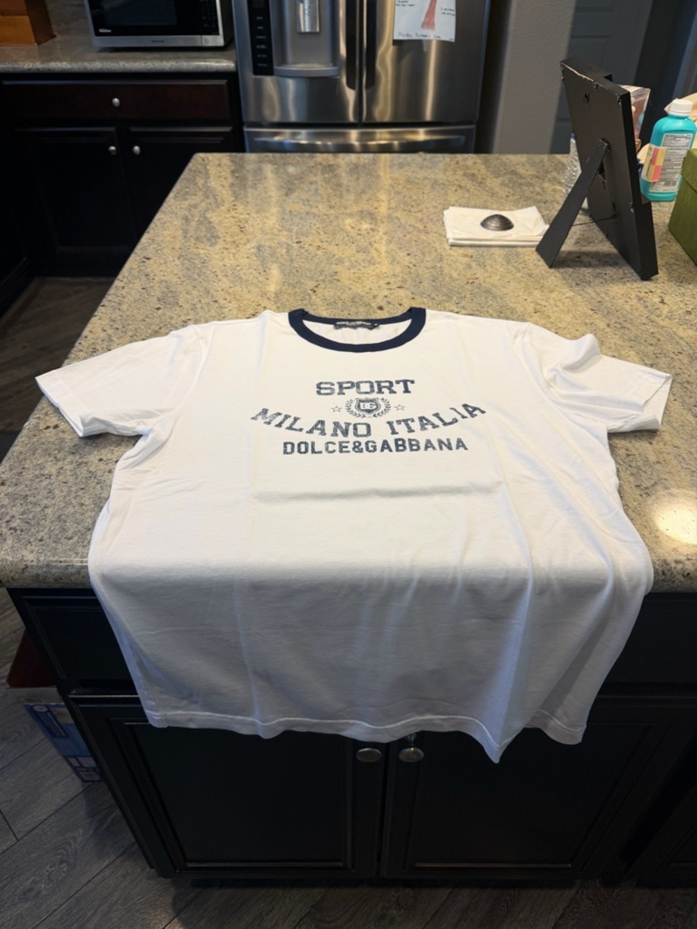 Dolce & Gabbana White Tee with Navy Trim and Logo - Picture 3 of 3